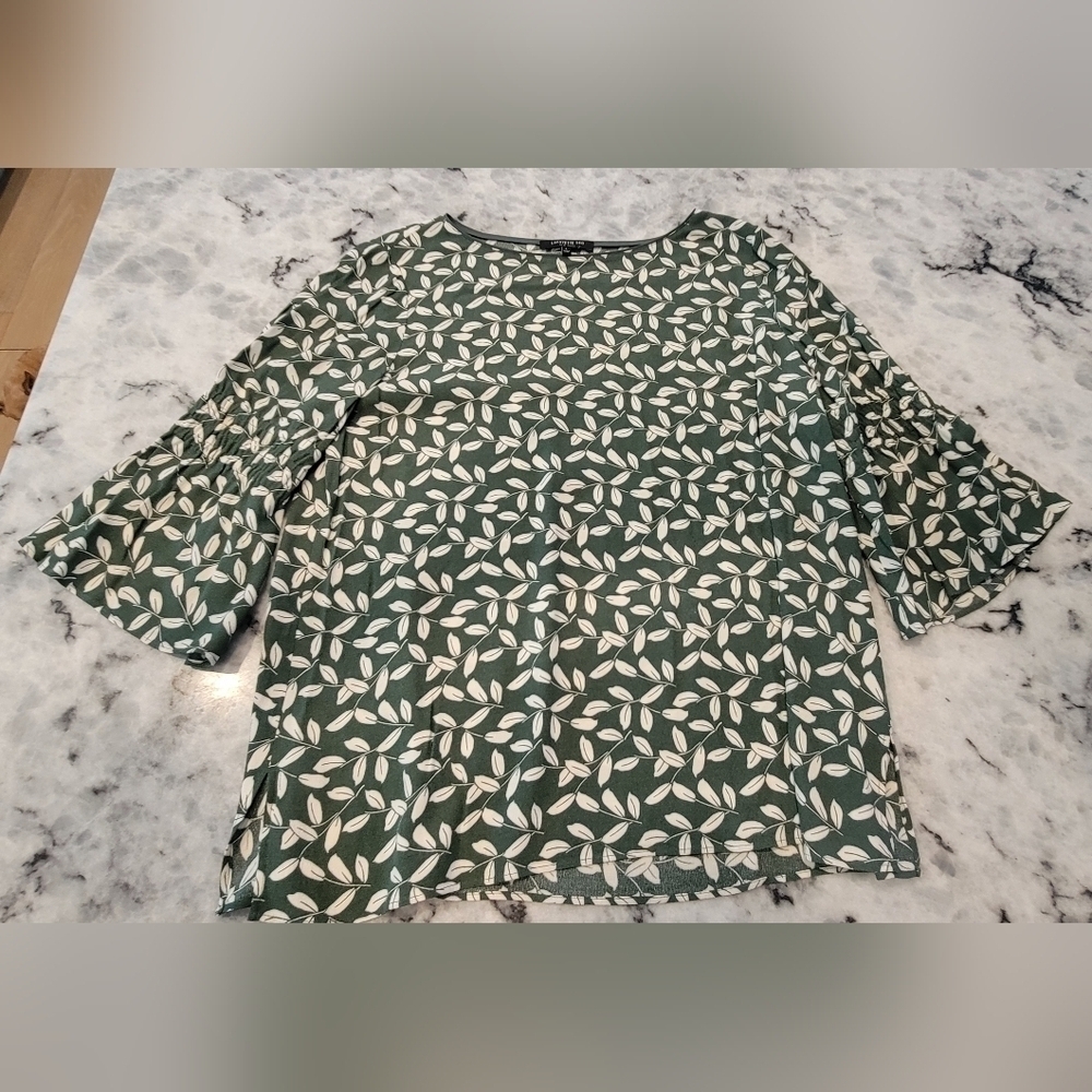 Lafayette 148 Women's L Shirt Top Green White Bell Sleeve